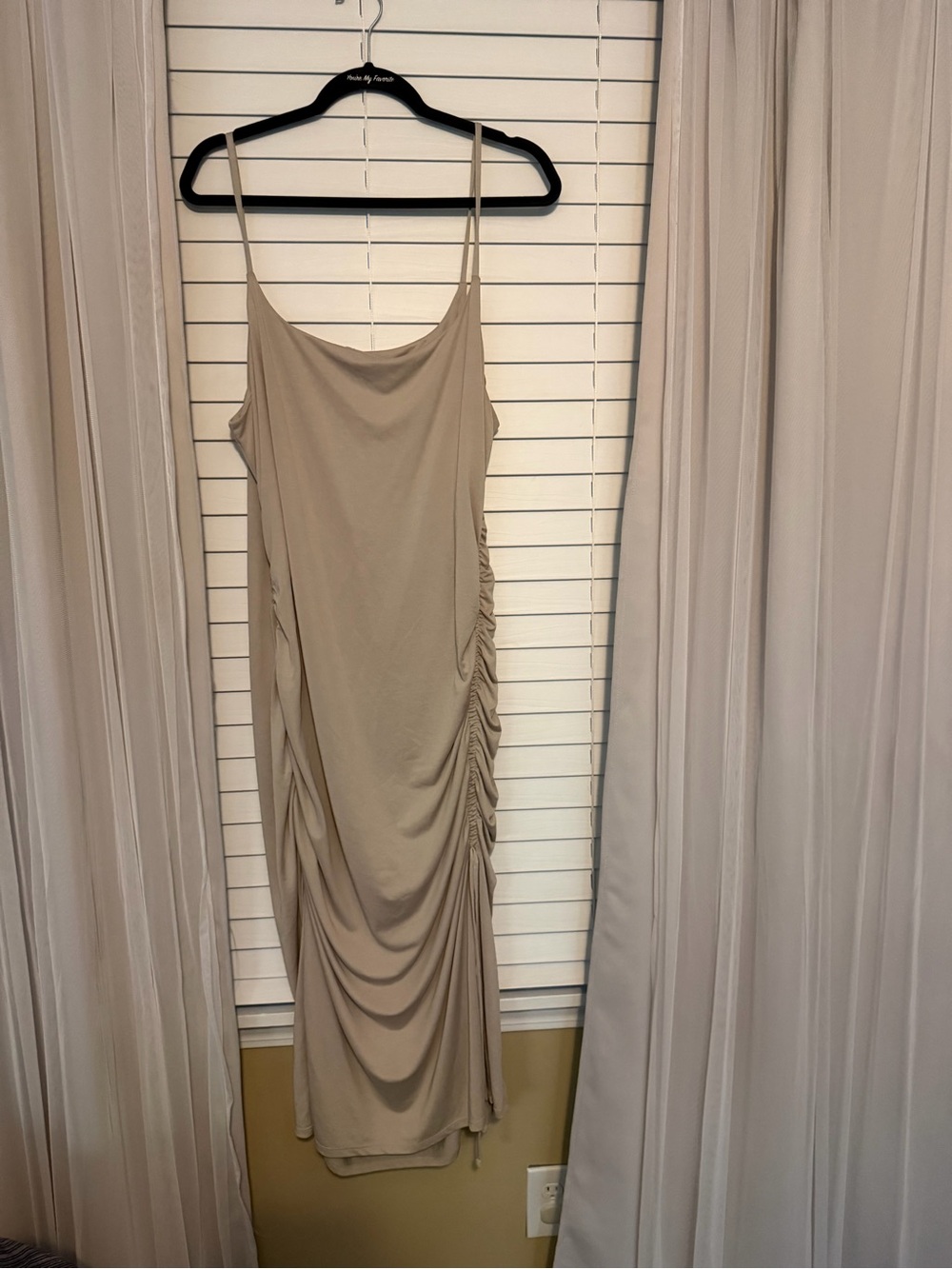 Express Beige Ruched Midi Slip Dress